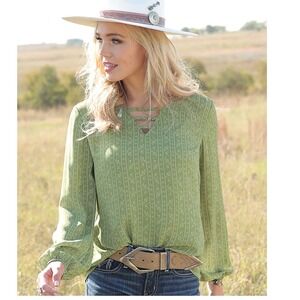 Cruel Girl Denim Green Western Blouse Women's Large Lattice Neck Long Sleeve Top